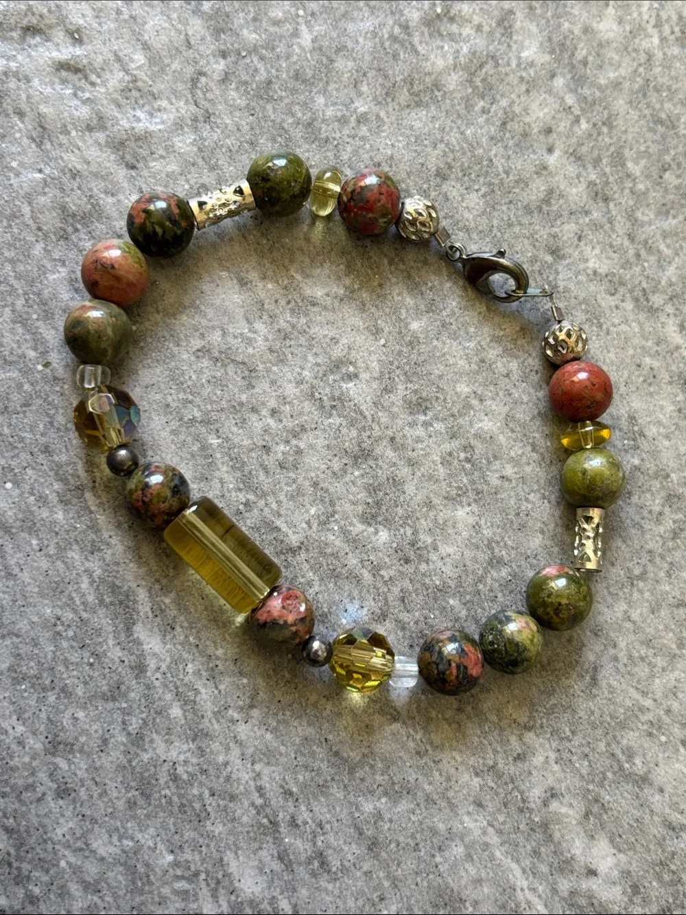 Genuine Unakite Green Pink GemStone Beaded 8” Bracelet Yellow Crystal Accents